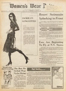 Kenneth Paul Block illustrates Jackie O in the newest Valentino longuette look for day for the October 12, 1970 issue of WWD.