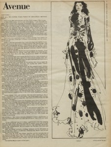 Jackie O wears arrives for evening with friends at her 5th Avenue apartment in a Valentino eveningwear look on November 3, 1971. Drawing by Kenneth Paul Block.