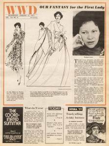 Designers Diane von Furstenberg and Halston choose what they would like to see First Lady Rosalyn Carter wear. Illustrated by Kenneth Paul Block for the January 12, 1977 issue of WWD.