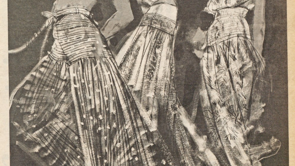 Blassport, Anne Klein and Oscar de la Renta in a 1976 issue of WWD. Illustration by Steven Stipelman.