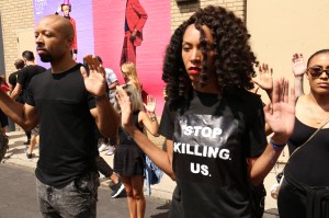 Atmosphere at a demonstration outside of Men’s New York Fashion Week on July 12, 2016.