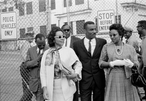 Coretta Scott King, left, the Rev. Fred L. Shuttlesworth, center, and Mrs. Juanita Abernathy, leave Birmingham jail after visiting Rev. Martin Luther King, Jr. and Rev. Dr. Ralph Abernathy on April 18, 1963.