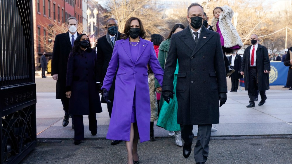 Vice President Kamala Harris, and her husband Doug Emhoff, and family, walk near the White House during a Presidential Escort to the White House.