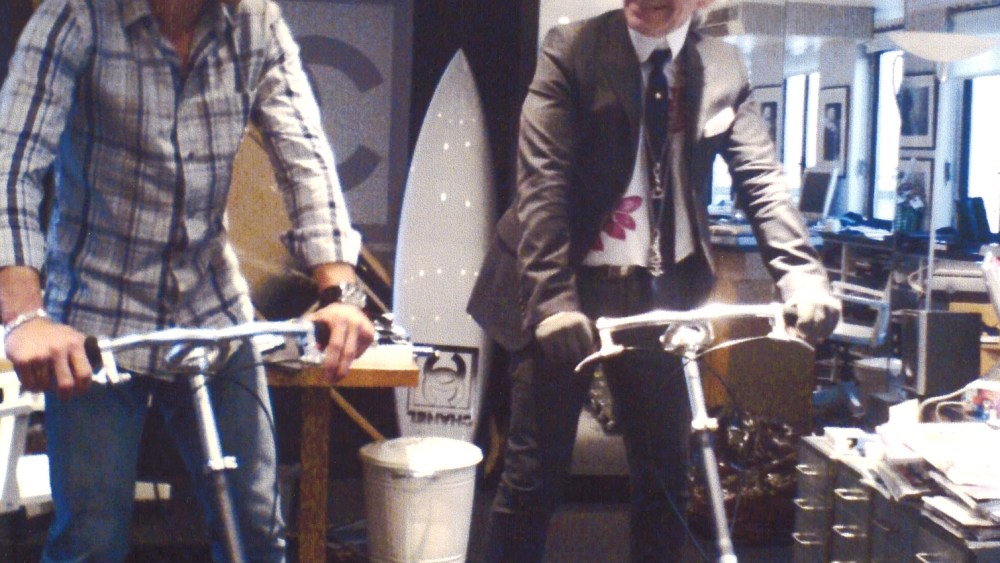 Sébastien Jondeau and Karl Lagerfeld try out newfangled scooters.