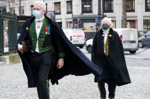Members of the Académie des Beaux-Arts arriving at Pierre Cardin’s funeral mass.