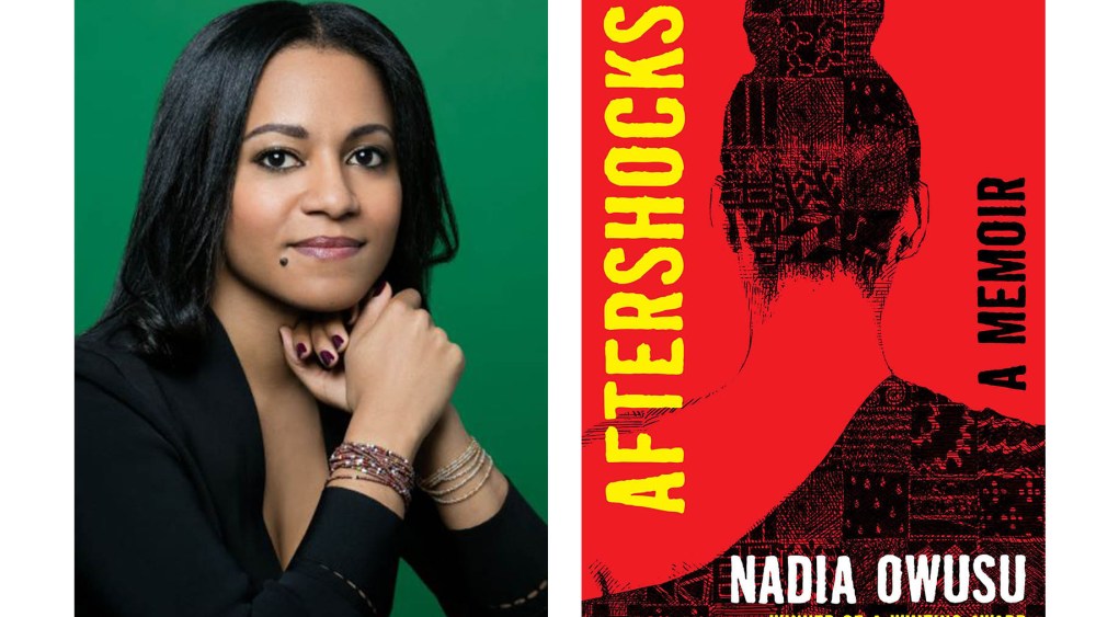 Author Nadia Owusu and "Aftershocks" book cover.