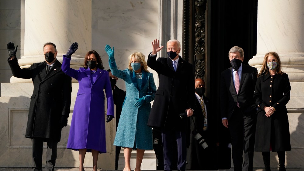 President-elect Joe Biden, his wife Jill Biden and Vice President-elect Kamala Harris and her husband Doug Emhoff arrive at the steps of the U.S. Capitol for the start of the official inauguration ceremonies, in Washington, Wednesday, Jan. 20, 2021. (AP Photo/J. Scott Applewhite)