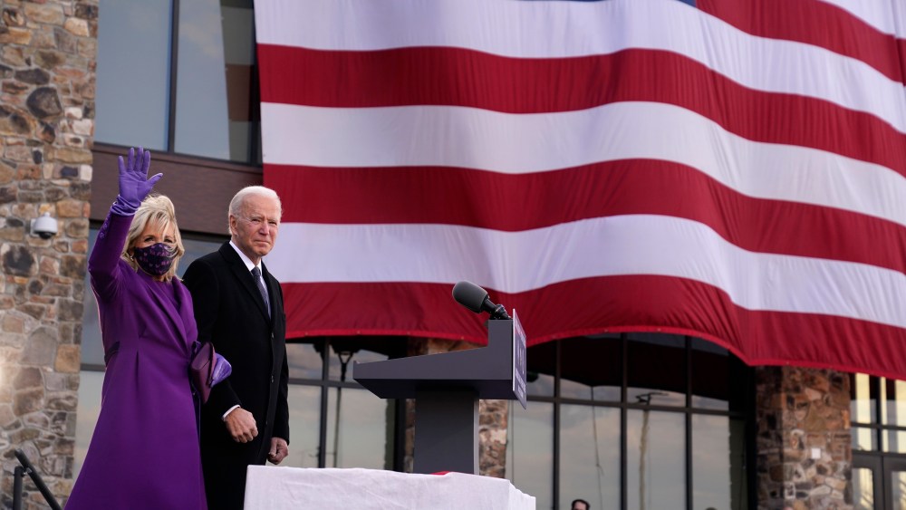 President-elect Joe Biden stands with his wife Jill Biden after speaking at the Major Joseph R. "Beau" Biden III National Guard/Reserve Center, Tuesday, Jan. 19, 2021, in New Castle, Del. (AP Photo/Evan Vucci)