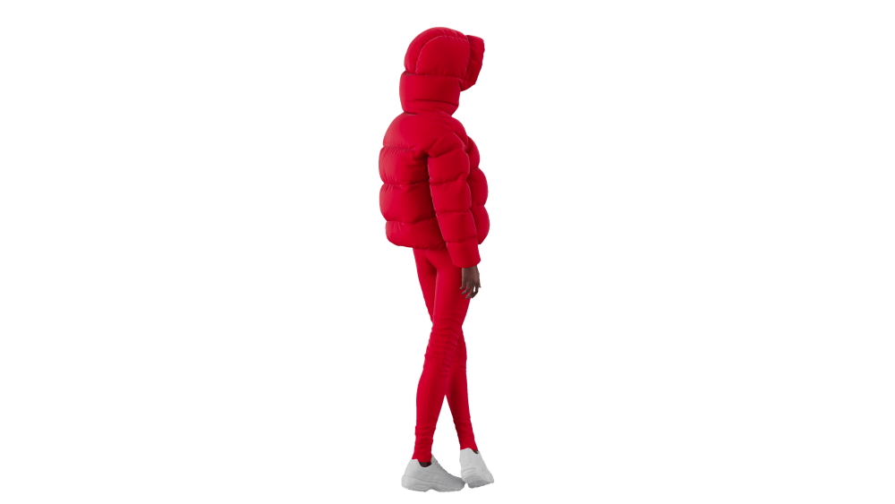 A digital avatar sporting a look from the Bacon's fall 2021 outerwear collection.