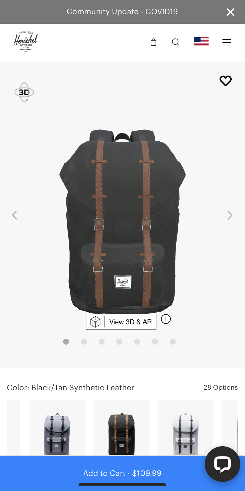 Using the Vertebrae Axis platform, shoppers visiting Herschel Supply’s product pages immediately view a 3D-enabled image flagged with an icon and a “drag to rotate” overlay prompt, giving them direct access to 3D interactivity for product exploration from every angle.