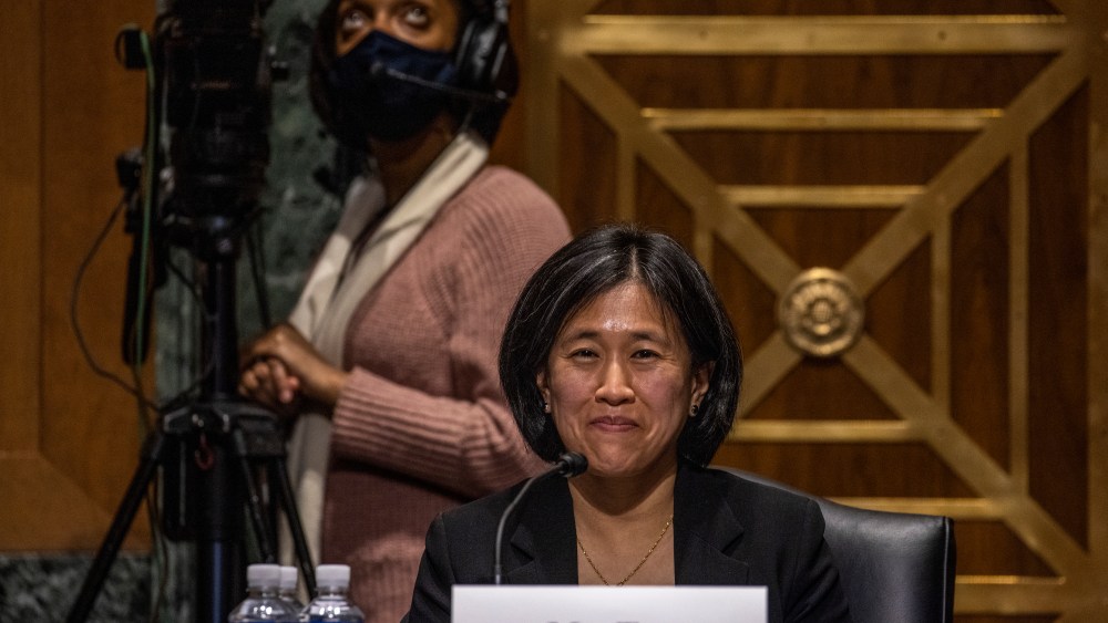 Katherine Tai, nominee for U.S. trade representative, testifies before a Senate Finance Committee hearing on Capitol Hill, in Washington, Thursday, Feb. 25, 2021. (Tasos Katopodis/Pool via AP)