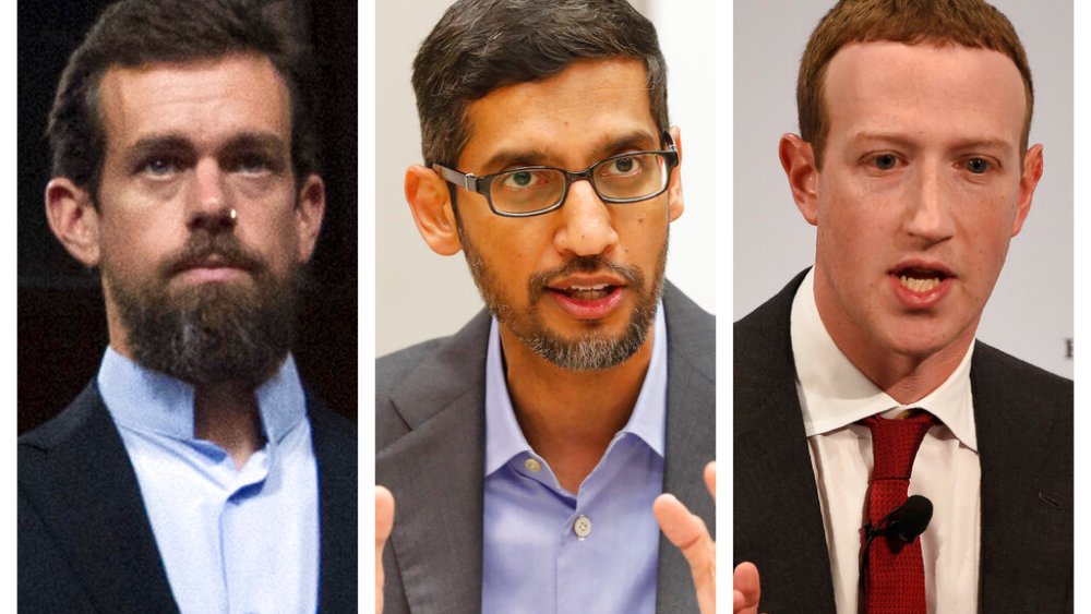 This combination of 2018-2020 photos shows, from left, Twitter CEO Jack Dorsey, Google CEO Sundar Pichai, and Facebook CEO Mark Zuckerberg. Less than a week before Election Day, the CEOs of Twitter, Facebook and Google are set to face a grilling by Republican senators who accuse the tech giants of anti-conservative bias. Democrats are trying to expand the discussion to include other issues such as the companies' heavy impact on local news.  The Senate Commerce Committee has summoned Twitter CEO Jack Dorsey, Facebook’s Mark Zuckerberg and Google’s Sundar Pichai to testify for a hearing Wednesday. The executives have agreed to appear remotely after being threatened with subpoenas. (AP Photo/Jose Luis Magana, LM Otero, Jens Meyer)