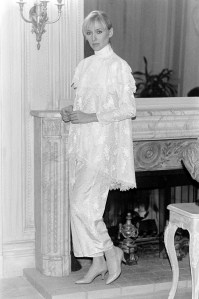 A model poses in a look from Jessica McClintock's fall 1985 sleepwear collection debut.