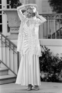 A model in a look from Jessica McClintock's debut sleepwear collection for fall 1985.