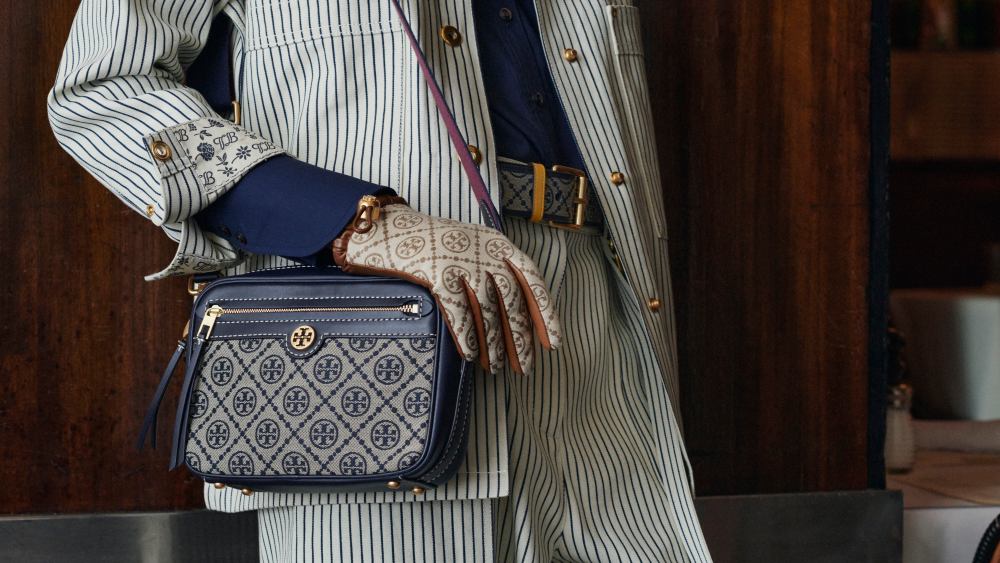 Monogrammed bag, belt, and gloves from Tory Burch Fall 2021