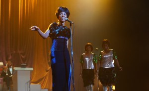 L to R: Aretha Franklin, played by Cynthia Erivo, Carolyn Franklin, played by Rebecca Naomi Jones, and  Erma Franklin, played by Patrice Covington perform on stage. (Credit: National Geographic/Richard DuCree)