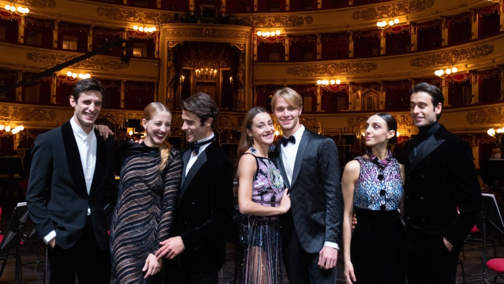 Nicola Del Freo, Virna Toppi, Claudio Coviello, Nicoletta Manni, Timofej Andrijashenko, Martina Arduino, Marco Agostino wearing Armani at La Scala’s opera season opening night.