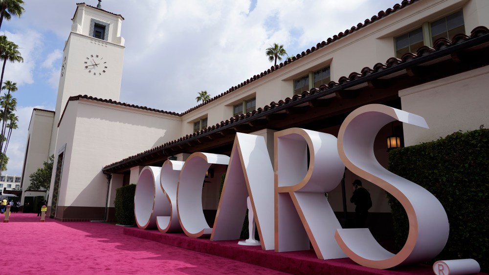 A view of the red carpet appears before the start of the Oscars on Sunday, April 25, 2021, at Union Station in Los Angeles. (AP Photo/Chris Pizzello, Pool)