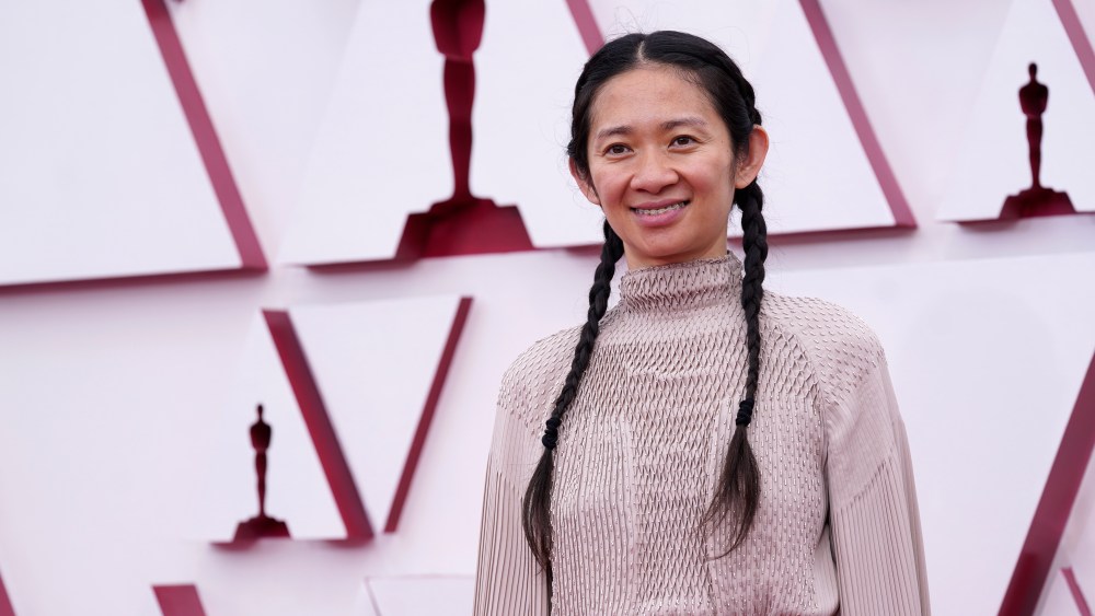 Chloe Zhao arrives at the Oscars on Sunday, April 25, 2021, at Union Station in Los Angeles. (AP Photo/Chris Pizzello, Pool)
