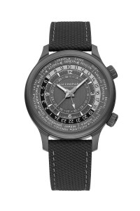 Chopard’s L.U.C Time Traveler One black timepiece with a self-winding mechanical movement, black and gray dial, set in a ceramic titanium case.