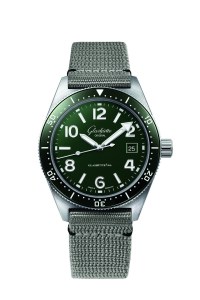 Glashütte’s Original SeaQ watch in a stainless-steel case, varnished reed green dial, applied numerals and hour markers with Super-LumiNova.