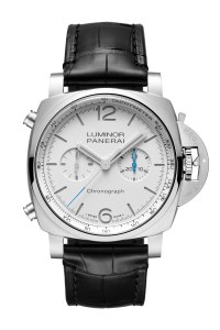 Panerai’s PAM 1218 Luminor Chrono -44-mm watch, featuring a chronograph automatic calibre and speed tachymeter, in polished steel with a white dial highlighting the gray Superluminova X1.