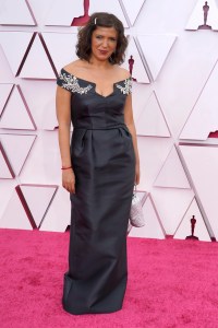 Kaouther Ben Hania arrives at the Oscars on Sunday, April 25, 2021, at Union Station in Los Angeles. (AP Photo/Chris Pizzello, Pool)