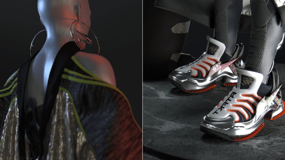 RTFKT and The Fabricant have collaborated on a new NFT collection, RenaiXance, which dropped with a short 48-hour window for purchase. Pictured: Alpha shoes and Aum dress.