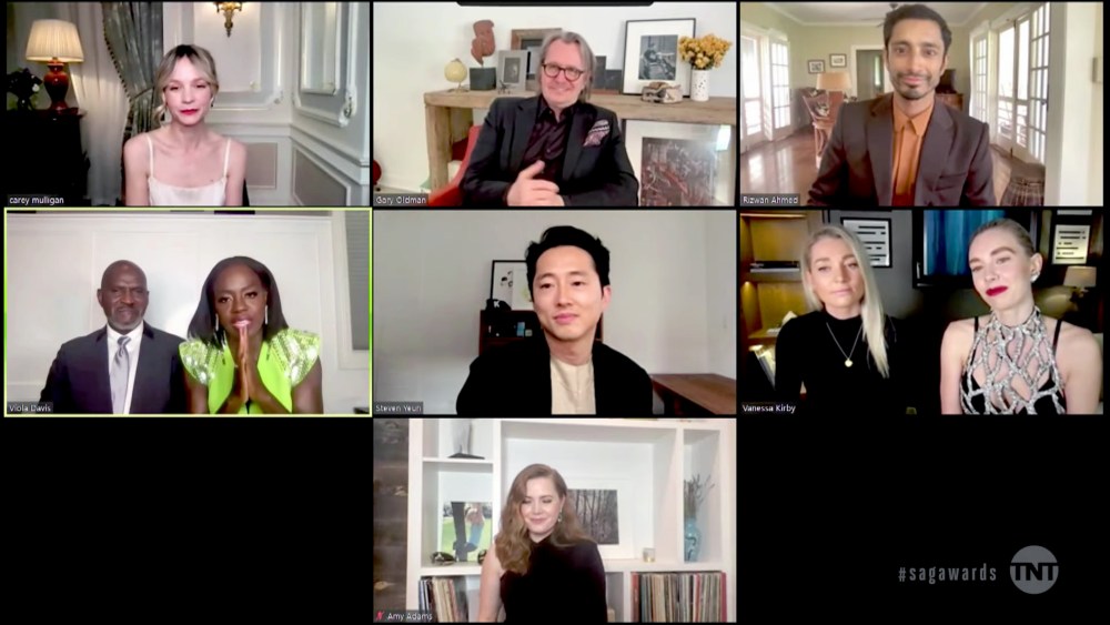 VARIOUS CITIES - APRIL 04: (L-R) In this screengrab released on April 4, 2021, Carey Mulligan, Gary Oldman, Riz Ahmed, Julius Tennon, Viola Davis, Steven Yeun, Vanessa Kirby, and Amy Adams speak during the 27th Annual Screen Actors Guild Awards on April 04, 2021. (Photo by 27th Annual SAG Awards/Getty Images for WarnerMedia)