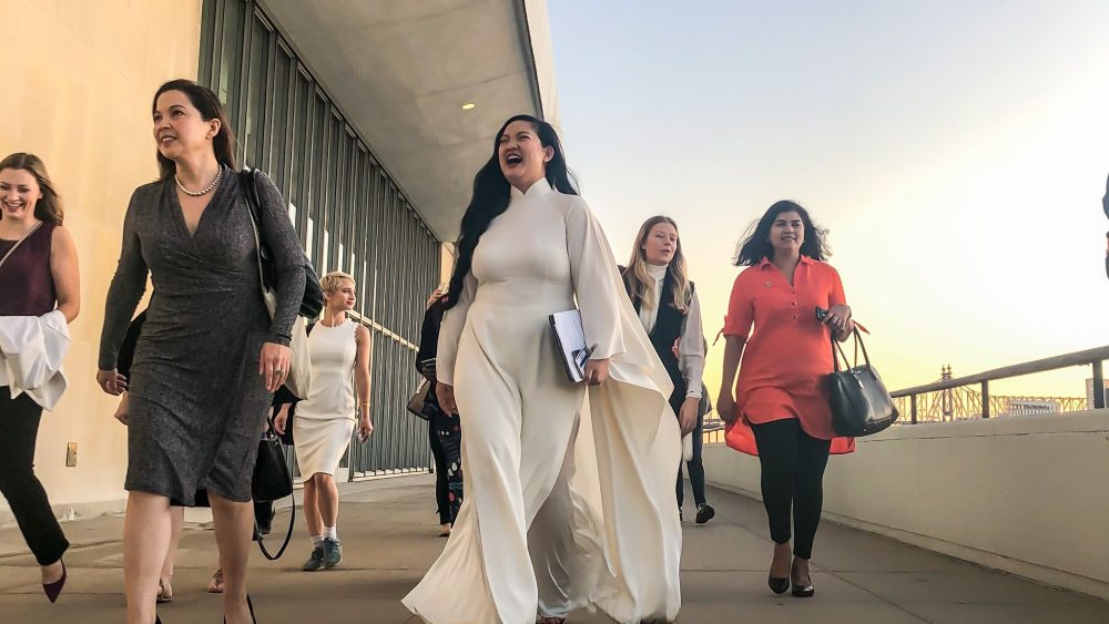 Amanda Nguyen, center, at the United Nations General Assembly Survivor Town Hall.