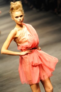 A model on the runway at Lanvin's spring 2010 show at Halle Freyssinet. Designed by Alber Elbaz.