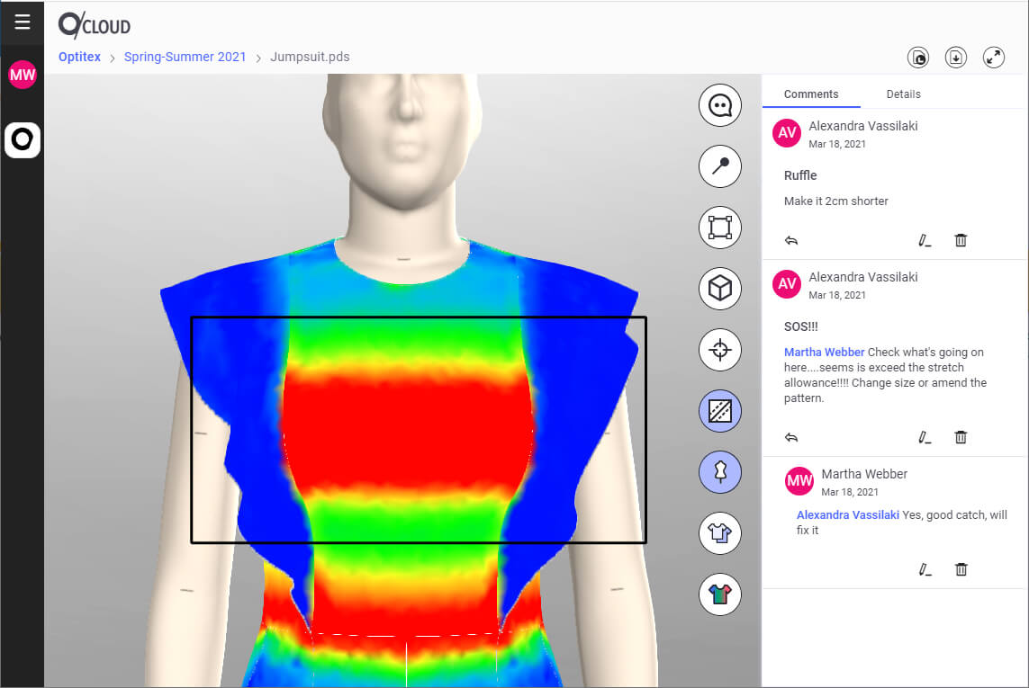 Users will also be able to navigate the model, view all of its colorways, and add comments directly on the garment, all of which can help accelerate the design review process. As all garment-related information is viewed in 3D, users may have less of a need to share static images of their garment in different map views.
