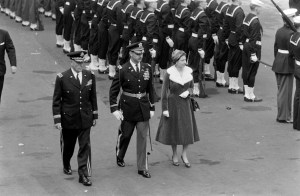 H.R.H Queen Elizabeth II is greeted by the United States Armed Forces during a visit to Chicago, Illinois in 1959.