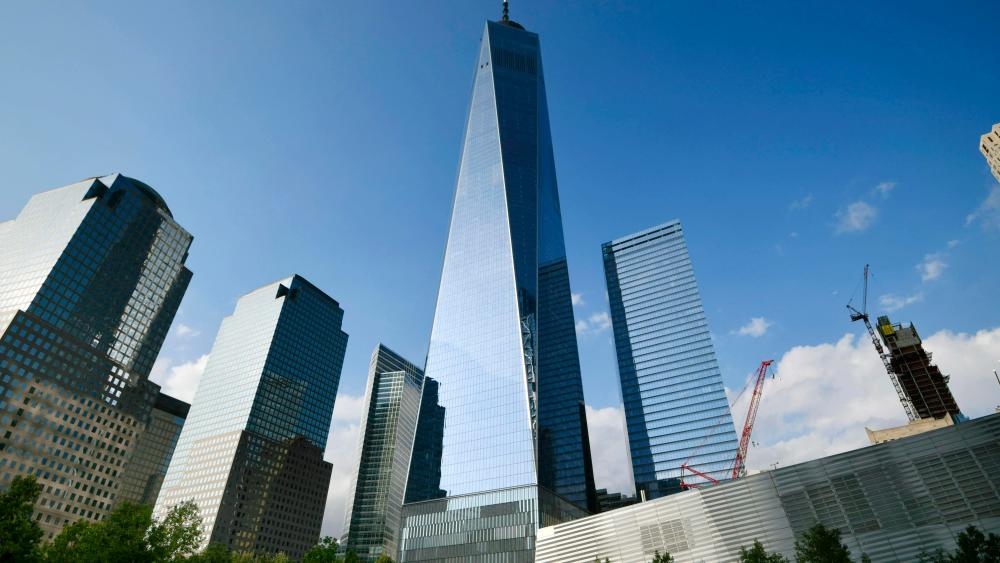 Photo taken Sept. 9, 2019, shows One World Trade Center in the New York skyline. 1WTC was built on the site of the twin towers destroyed in the terrorist attacks on Sept. 11, 2001. (Kyodo via AP Images) ==Kyodo