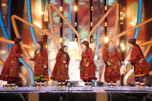 A Russian group known as the Buranovskiye Babushki, or Buranovo Grannies, perform during Eurovision in Moscow, Russia, Wednesday, March 7, 2012.