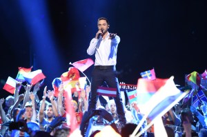 Eurovision Song Contest host Mans Zelmerlöw performs during the Grand Final of the 61st annual Eurovision Song Contest in Stockholm, Sweden, 14 May 2016.