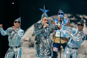 Verka Serduchka from the Ukraine songs his entitled 'Dancing Lasha Tumbai' at a dress rehearsal for the 2007 Eurovision Song Contest, in Helsinki.