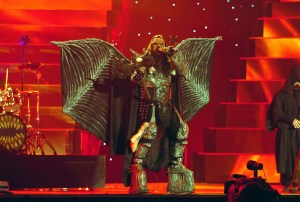 Finland's entry, Lordi singing "Hard Rock Hallelujah" during dress rehearsals for the Eurovision Song Content from Athens, Greece, May 19, 2006.