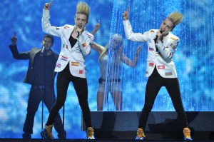 John Grimes and Edward Grimes aka Jedward rehearsing for the Eurovision Song Contest.