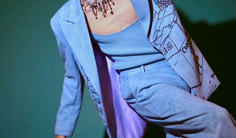 Kid Super's PU Suede suit worn with Heaven by Marc Jacobs' viscose top.
