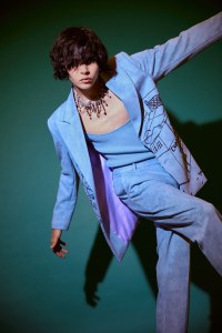 Kid Super's PU Suede suit worn with Heaven by Marc Jacobs' viscose top.