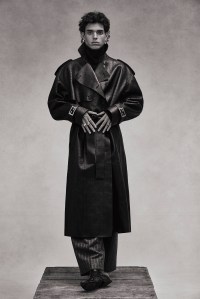 Fendi’s leather trenchcoat, Jil Sander’s TK turtleneck and Ardusse’s wool pants. Agmes earrings; Saint Laurent shoes.
