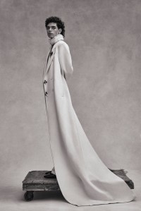 Louis Vuitton’s wool coat and pants. Agmes earring; RJ Graziano brooch; Comme des Garçons Homme Plus shoes.