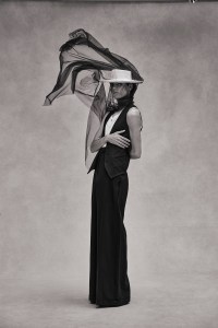 Ann Demeulemeester’s virgin wool vest and pants, cotton tank top. Eugenia Kim hat; Federico Curradi necklaces.