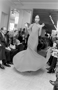 Model Pat Cleveland poses in a one-shoulder godet-skirted dance dress from Halston's spring 1977 made-to-order collection.