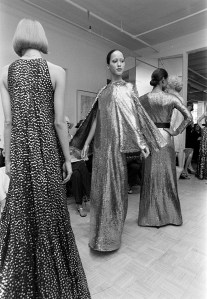 Model Pat Cleveland poses in an evening look from Halston's fall 1974 Made-to-Order collection.