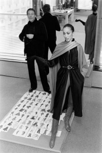 Halston poses with model Pat Cleveland in "bodydressing" from Halston's 1977 ready-to-wear advance.