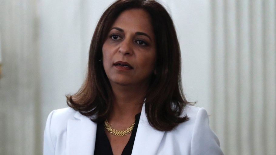 Sonia Syngal, CEO of Gap Inc., seen here on May 29, 2000 at a White House event with President Donald Trump about reopening country after the coronavirus closures.