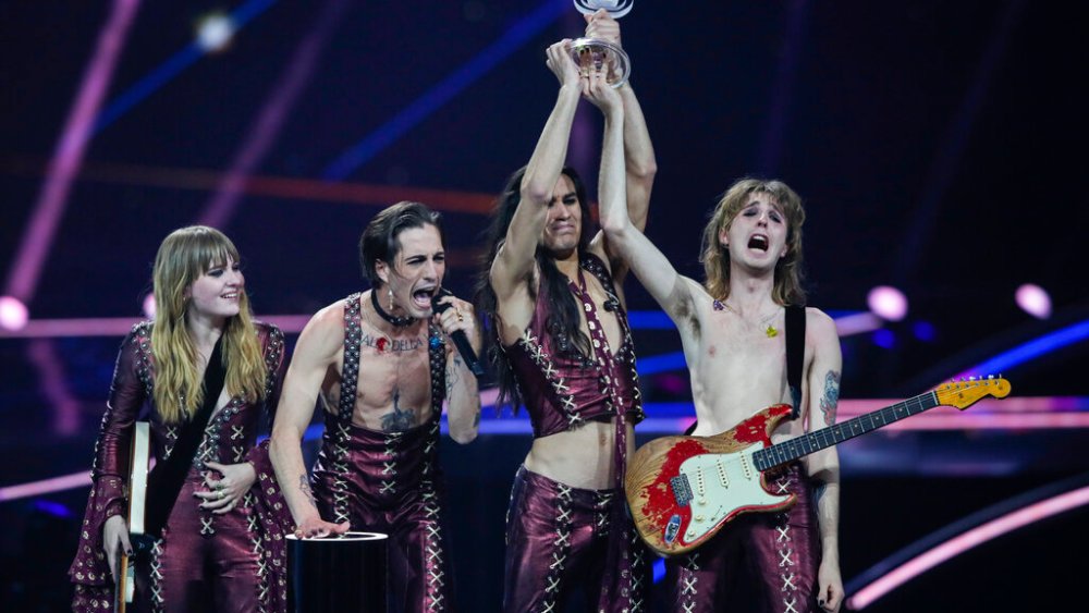 Maneskin from Italy receive the trophy after winning the Grand Final of the Eurovision Song Contest at Ahoy arena in Rotterdam, Netherlands, Saturday, May 22, 2021. (AP Photo/Peter Dejong)