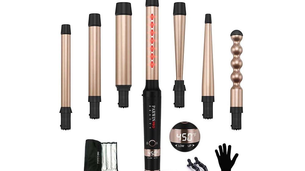 7 -in-1 Infrared Curling Iron Wand Set ,Dual Voltage Curling Wand with Temperature Control , Auto Shut Off ,Hair Curler for Wavy/Air Bang/Ringlet/Spiral with Glove and Clips